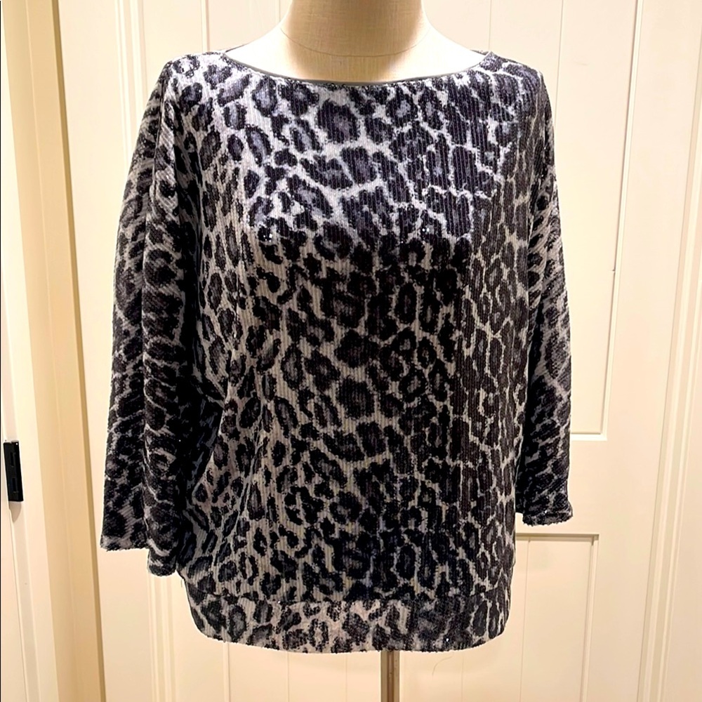 SPENSE Size Large NWT Sequin Animal Print Dolman Sleeve Stretchy Sparkly Top